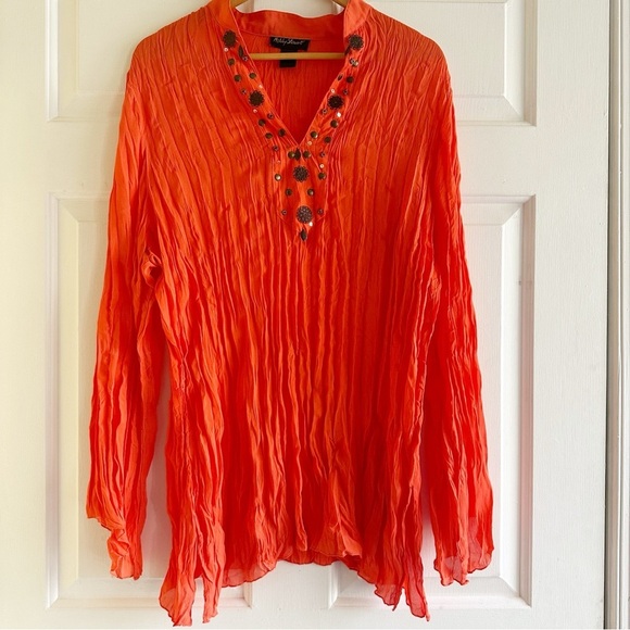 Ashley Stewart Tops - Vintage‎ Ashley Stewart Plisse Rushed Beaded Collar Tunic Boho Top Orange Red 2X